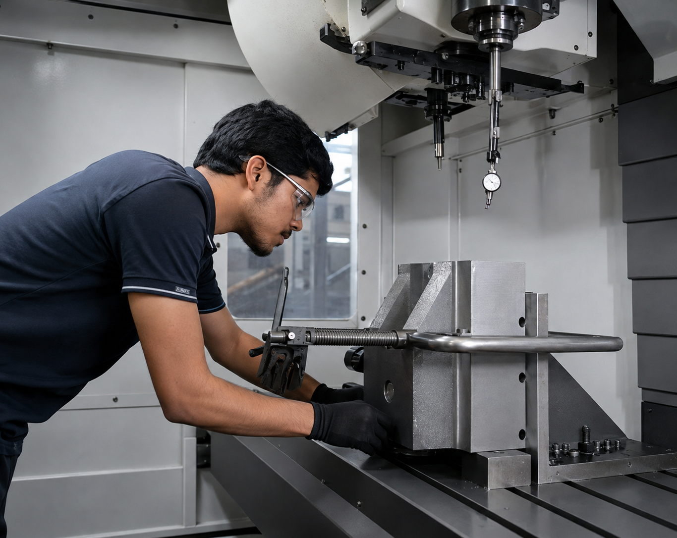 CNC engineer setting up precision component